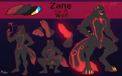 absurd_res anthro balls black_body black_fur canid canine canis digital_media_(artwork) digitigrade fur genitals hazakyaracely hi_res knot male male_only mammal model_sheet open_mouth smile solo teeth tongue wolf zane_(t-thewolf)