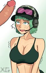 1boy 1girls big_penis breasts cap ela_(rainbow_six) female female_focus green_hair headset nervous nervous_smile rainbow_six rainbow_six_siege sports_bra tagme tom_clancy upper_body xaviergalaxy