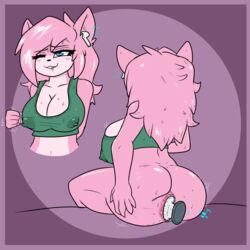 1:1 1girls absurd_res aeris_(vg_cats) airpods anthro azureinthedark big_breasts blue_eyes blush bodily_fluids bottomless breasts buttplug clothed clothing domestic_cat felid feline felis female fur hair hi_res long_hair mammal nipples nipples_visible_through_clothing pink_body pink_fur pink_hair saliva sex_toy solo solo_female sports_bra sweat vg_cats webcomic