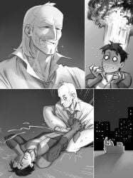 invincible_(comics) invincible_(tv_series) invincible cecil_stedman mark_grayson invincible_(superhero) viltrumite clothed clothing male male_only male/male mature_male mature older_male_and_younger_male 2025 unfruitpourri black_and_white hair shirt white_shirt 2boys teeth teeth_showing teeth_visible blush scar black_hair pants_removed sweat sweatdrop sweating open_mouth open_eyes younger_male older_male tie legs_apart legs legs_spread embarrassed embarrassed_expression dick erection erect_penis penis cock balls ballsack orgasm cum climaxing climax looking_at_another looking_down looking_at_partner light-skinned_male light_skin