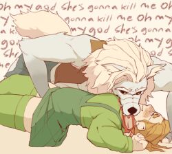 silver_(deadlock) paige_(deadlock) yuri deadlock valve fdp_rosie werewolf blonde_hair yellow_eyes blushing blush eyes_closed orange_hair glasses fingering blood pinned_down tail 2girls blood_stain thoughts imminent_death