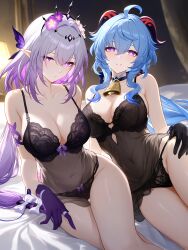 2girls arms asymmetrical at back bangs behind blonde blue blush breast breasts collarbone completely contact docking drill eye eyes from girls hair large lingerie long looking low mouth navel nightgown nude open ponytail press purple side sidelocks symmetrical tile tiles wall wet yuri castorice_(honkai:_star_rail) ganyu_(genshin_impact) genshin_impact honkai:_star_rail ai_generated