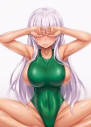 1girl solo artist:lollololli original censored silver_hair long_hair bangs large_breasts huge_breasts massive_breasts heavy_breasts busty voluptuous curvy hourglass_figure wide_hips thick_thighs bare_midriff bare_arms bare_legs stomach navel oiled_skin shiny_skin sweaty blush reddened_face light_smile sitting on_ground crouching low_angle from_below spread_legs open_legs open_thighs hands_over_eyes face_covered_by_hand front_view upper_body cowboy_shot portrait green_swimsuit one-piece_swimsuit emerald_green high-cut_swimsuit high-leg_swimsuit low-cut_swimsuit monokini thong t-back high_tight_panties high-leg_panties panty_shot ass_visible cleavage deep_cleavage heavy_cleavage revealing_clothes wet_look shiny_fabric tight_clothes bodycon_swimsuit bodycon detailed_anatomy refined_features aesthetic_body white_background simple_background highres high_quality digital_media_(artwork) anime_style cel_shading soft_shading soft_lighting detailed_eyes beautiful_eyes specular_highlights big_breasts boobs