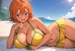 1girl :d ahoge ai-created ai_generated ai_generated_image bare_shoulders beach beach_towel beach_umbrella bikini bikini_shorts blue_sky blush breasts brown_hair cameltoe cleavage cloud collarbone dark-skinned_female dark_skin day digimon digimon_adventure digimon_adventure_tri. front-tie_bikini_top front-tie_top green_trim hair_between_eyes halterneck huge_breasts large_breasts looking_at_viewer lying navel ocean on_side open_mouth orange_hair outdoors parasol pixiv red_eyes rena_aikawa_(pixiv_user) sand shore short_hair short_shorts shorts sky smile solo sora_takenouchi stable_diffusion stomach sun sweat swimsuit tan thighs towel two-tone_bikini two_tone_bikini umbrella water wet yellow_bikini yellow_shorts