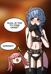 black_panties blue_hair blush breasts english_text fire_emblem fire_emblem:_three_houses hilda_valentine_goneril kinkymation light_blue_hair lingerie marianne_von_edmund nervous nintendo panties pink_hair text thigh_gap underwear