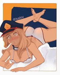 1girls blonde_hair blush bra camie_utsushimi feet female_only hat luslov my_hero_academia panties shiketsu_high_school_cap smoke solo swirly_eyes toes