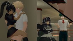 2boys 2girls 3d black_hair blonde_hair crossover green_eyes green_hair homura_(senran_kagura) implied_sex izuku_midoriya katsuki_bakugou male_on_female mirai_(senran_kagura) my_hero_academia red_eyes school_uniform senran_kagura source_filmmaker source_request supersaiyan24 vaginal_penetration