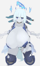 1girl blunt_bangs bob_cut expressionless gigantic_breasts halo hyper_breasts kneeling medium_hair melting_halo original original_character robot_girl robot_hands robot_legs sichinotuki skeb_commission solo someone_else's_oc white_hair