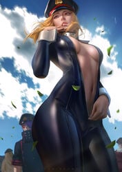 1girls black_hat black_headwear blonde_hair bodysuit breasts brown_eyes camie_utsushimi cleavage cloud female female_focus hat hero_outfit_(mha) high_resolution inasa_yoarashi latex latex_suit leaf looking_away male midriff my_hero_academia navel pose revealing_clothes seiji_shishikura shiketsu_high_school_cap shishikura_seiji sky undressing utsushimi_camie very_high_resolution wide_hips wind wrist_cuffs yoarashi_inasa zipper zipper_pull_tab zumi