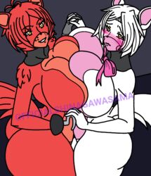 2girls animatronic anthro ass big_ass big_breasts blush breast_press breast_squish breast_to_breast breasts canid canine docking female female_only five_nights_at_freddy's five_nights_at_freddy's_2 five_nights_in_anime fox fox_girl foxy_(fnaf) holding_hands hook_hand huge_breasts implied_yuri large_breasts looking_at_viewer mangle_(fnaf) robot robot_girl rule_63 shinagawasama shy smile