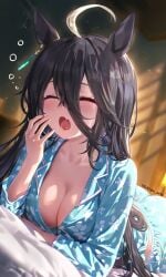 manhattan_cafe_(umamusume) umamusume prone_position cleavage pijama open_mouth closed_eyes ai_generated