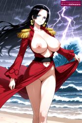 1girl 1girls ai_assisted ai_generated beach black-haired_female black_hair blue_eyes boa boa_hancock breasts closed_mouth cloud cloudy_sky collarbone dress earrings epaulettes female female_only jewelry large_breasts lightning long_hair long_sleeves looking_at_viewer navel nipples no_bra no_panties ocean one_piece outdoors pussy rain red_dress sky solo stelmazura water waves wet