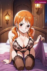1girl 1girls ai_assisted ai_generated ass_visible_through_thighs bangs bare_shoulders bed bed_sheet black_bra black_panties black_thighhighs blush bra breasts brown_bra brown_eyes cleavage closed_mouth collarbone female female_only garter_belt garter_straps indoors kneeling large_breasts lingerie long_hair looking_at_viewer low_twintails nami_(one_piece) navel on_bed one_piece orange-haired_female orange_hair panties pillow shiny shiny_hair sitting smile solo stelmazura thighhighs twintails underwear underwear_only
