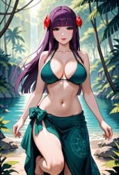 ai_generated bikini blue_eyes castlevania castlevania:_portrait_of_ruin green_bikini hime_cut large_breasts long_hair loretta_lecarde pale-skinned_female pale_skin purple_hair red_lips red_lipstick sarong
