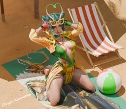 3d 3d_render arms_behind_head arms_up bare_legs beach beach_ball beach_towel cute female female_focus ghrym_animation inner_sideboob kneeling loki_(marvel) loki_(marvel_rivals) mantis_(marvel) mantis_(marvel_rivals) mantis_(oceanic_harmony) marvel marvel_rivals non-nude render revealing_clothes sfw swimsuit