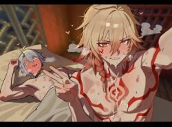 2boys after_sex cum_shot gay honkai:_star_rail mydei_(honkai:_star_rail) naked_male phaidei_(honkai:_star_rail) phainon_(honkai:_star_rail) post_orgasm selfie_pose yaoi