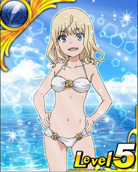 1girls bare_shoulders blonde_hair blue_eyes blue_sky breasts card card_(medium) cloud collarbone female leivinia_birdway medium_hair navel ocean official_art open_mouth outdoors sky small_breasts solo solo_female sunny swimsuit to_aru_majutsu_no_index white_panties young