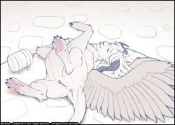 esoteric_ebb olzis 1girls solo solo_female female sphinx beast horns wings mythology mythological_sphinx 2d nude breasts jewelry earrings paws pawpads tail fur alternate_version_available blue_eyes looking_at_viewer lying lying_on_back pussy anus tease teasing clitoris clitoris_piercing artonis