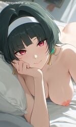1girls ai_generated astra_yao black_hair breasts looking_at_viewer nipples red_eyes shineinsfw smile solo uncensored wet zenless_zone_zero