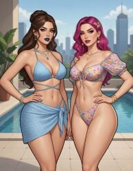 2girls ai_generated belly_button bikini bikini_bottom black_outline blue_eyes blue_lipstick bracelet brunette_hair cel_shading city_background cleavage earrings eyelashes female floral_print flower_print frilled_sleeves front-tie_top grok hair_bun hair_ornament hair_over_shoulder hand_on_hip hourglass_figure lipstick long_hair looking_at_viewer looking_away loose_hair magenta_lipstick medium_breasts midriff narrow_waist necklace one_hand_on_hip pink_hair pink_lipstick poolside potted_plant puffed_sleeves purple_eyes rgomez007 sarong self_upload short_sleeves standing stern_expression swimming_pool swimsuit thick_eyelashes thick_lips thick_outline thick_thighs wavy_mouth wide_hips