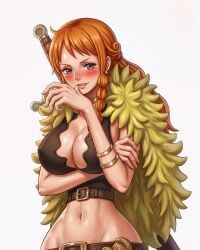 1girl 1girls aesthetic_body anime_style armlet bangs bare_arms bare_shoulders beautiful_eyes belt black_top blush bracelet braid brown_eyes cel_shading censored cleavage cleavage_cutout collarbone cowboy_shot deep_cleavage detailed_anatomy detailed_eyes digital_media_(artwork) double_belt elbaf eye_contact feather_cape female female_only finger_to_mouth front_view fur_collar fur_trim gold_armlet gold_bracelet hair_coils hair_rings hand_near_mouth hand_on_mouth heavy_breasts high_quality highres huge_breasts jewelry jewelry_on_neck large_breasts leather_belt lollololli long_hair looking_at_viewer massive_breasts nami_(one_piece) nami_one_piece navel oiled_skin one_piece orange-haired_female orange_eyes orange_hair portrait reddened_face refined_features scalloped_clothing seductive_smile shiny_skin side_braid simple_background sleeveless_top smile soft_lighting soft_shading solo specular_highlights stomach swept_bangs sword_hilt sword_on_back upper_body voluptuous weapon_on_back white_background yellow_cape yellow_feathers