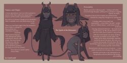 dark_skin grey_fur grey_skin monster_girl monk monastery lore reference_sheet linaswalaf demon demon_girl demon_horns demoness brownie goat_girl goat_ears goat_horns goat_legs hooves fangs information_sheet information