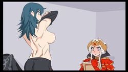 2girls black_border black_pants black_shirt blue_eyes blue_hair blush border breasts byleth_(fire_emblem) byleth_(fire_emblem)_(female) commentary drawing dress edelgard_von_hresvelg female female_only fire_emblem fire_emblem:_three_houses grey_eyes looking_at_another mikoyan multiple_girls nipples pants pantyhose post-timeskip red_dress scar shaking shirt shirt_lift sideboob sweat topless white_hair yuri