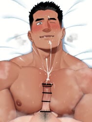 2boys absurd_res balls bara bed beefy big_areola black_hair blush bottomless breasts broad_shoulders bukkake censor_bar censored censored_penis collarbone cum cum_drip cum_explosion cum_fountain cum_on_body cum_on_breasts cum_on_face cum_on_penis cum_on_upper_body cum_splatter cum_string cum_trail daddy dark-skinned_sub dark_penis dilf duo ejaculation erection first_person_view gay grey_eyes hi_res hunk intense_orgasm kansuke_(kansuke_717) looking_at_viewer lying lying_on_back lying_on_bed male male/male male_breasts male_only manly mature_male moobs motion_blur muscles muscular muscular_arms muscular_male muscular_neck one_eye_closed orgasm original original_character paizuri panting pecs penis penis_between_breasts pointless_censoring pov pubic_hair red_glans retracted_foreskin semen sex short_hair skin_tone_difference sweat sweatdrop sweating sweaty thick_cum thick_eyebrows thrusting topless tough_guy uncircumcised uncut veiny_penis very_high_resolution yaoi