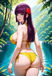 loretta_lecarde castlevania castlevania:_portrait_of_ruin on_back ass bikini yellow_bikini pale_skin pale-skinned_female ai_generated 1girls purple_hair blue_eyes flower flower_in_hair long_hair red_lipstick red_lips jungle outdoors