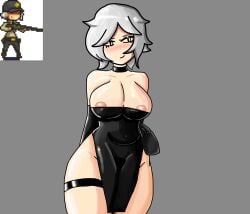 areola_slip black_dress choker dead_ahead large_breasts polina_(dead_ahead) thick_thighs white_hair