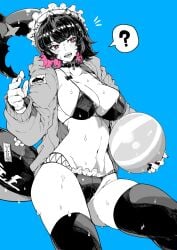 ? beach_ball bikini ellen_joe greyscale holding_ball holding_object jacket large_breasts monochrome nail_polish open_mouth shark_girl sharp_teeth skindentation speech_bubble spoken_question_mark thighhighs thighs yotsumi_shiro zenless_zone_zero