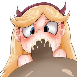 1boy 1girls big_penis blonde_hair blue_eyes blush cum cum_in_mouth cum_inside dark-skinned_male deepthroat fellatio female hair_ornament interracial kawaiikittychan light-skinned_female male nekosatsu1 oral penis pov solo_focus star_butterfly star_vs_the_forces_of_evil sweat white_background