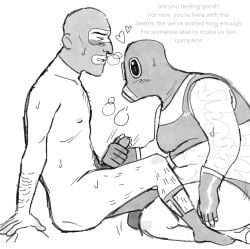 ambiguous_gender bra breasts cute fat_female garter_belt_socks grinding_on_leg handjob heavy_breathing loving_gaze loving_sex lyrics masked_female masked_male monochrome nonbinary penis pyro_(team_fortress_2) scvmwrld self_upload skinny_male spy_(team_fortress_2) sweat team_fortress_2 underwear