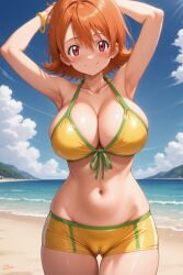 1girl ahoge ai-created ai_generated armpits arms_behind_head arms_up ass_visible_through_thighs bare_shoulders beach bikini bikini_shorts blue_sky blush bracelet breasts brown_hair cameltoe cleavage closed_mouth cloud collarbone cowboy_shot day digimon digimon_adventure digimon_adventure_tri. front-tie_bikini_top front-tie_top green_trim groin hair_between_eyes halterneck jewelry large_breasts looking_at_viewer navel ocean orange_hair outdoors pixiv red_eyes rena_aikawa_(pixiv_user) sand shore short_hair short_shorts shorts signature skindentation sky smile solo sora_takenouchi stable_diffusion standing stomach sunlight swimsuit thigh_gap thighs two_tone_bikini water yellow_bikini yellow_shorts