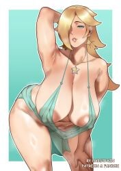 1girls harstfazn princess_rosalina mario_(series) nintendo blonde_hair hair long_hair blue_eyeshadow eyeshadow blue_eyes hair_over_one_eye arm_behind_head parted_lips lips earrings ear_piercing star_earrings necklace neckwear huge_breasts big_breasts breasts cleavage nipples areolae nipples_visible_through_clothing areolae_visible_through_clothing pubic_hair pubes blue_dress dress skimpy skimpy_clothes skimpy_dress steam armpits solo solo_female female female_only