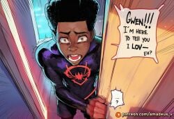 1boy ai_generated amadeus_v black_hair bodily_fluids bodysuit brown_eyes cheating clothing comic dark-skinned_male dark_body dark_skin english_text gwen_stacy human_focus male male_focus marvel miguel_o'hara netorare ntr open_mouth patreon patreon_logo patreon_username scared short_hair solo speech_bubble spider-gwen spider-man spider-man_(series) sweat tears text very_dark_skin