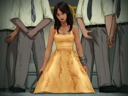 lucy_maclean fallout fallout_(series) fallout_(tv_series) surrounded surrounded_by_men 1girls 4boys before_sex imminent_sex imminent_gangbang looking_at_viewer bendoggie1 crowbar pip-boy clothed dress tie