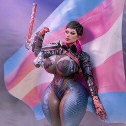 3d adriana_imai bbl big_ass big_breasts bodysuit bubble_butt cropped_jacket dead_by_daylight fat_ass glowing_eyes hourglass_figure leather round_ass short_hair skintight slim_waist smile solo tagme the_skull_merchant thick_thighs transgender_flag translucent wide_hips
