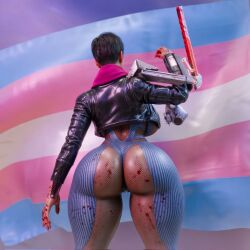 3d adriana_imai back_view bbl big_ass big_breasts bodysuit bubble_butt cropped_jacket dead_by_daylight fat_ass hourglass_figure leather round_ass short_hair sideboob skintight slim_waist solo tagme the_skull_merchant thick_thighs transgender_flag translucent wide_hips
