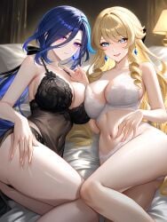 2girls aqua eyes arms behind back asymmetrical docking bangs blonde hair blue blush breast press breasts collarbone completely nude drill eye contact from side large long looking at another low ponytail multiple girls navel open mouth purple sidelocks symmetrical tile wall tiles wet yuri navia_(genshin_impact) clorinde_(genshin_impact) genshin_impact ai_generated nightgown lingerie