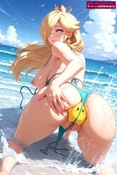 ai_generated ai_assisted stelmazura nintendo rosalina mario_(series) princess_rosalina princess_rosalina_(movie) 1girl solo long_hair breasts looking_at_viewer blush smile blue_eyes blonde_hair large_breasts jewelry nipples swimsuit ass bikini earrings outdoors parted_lips sky pussy day looking_back cloud water from_behind star_(symbol) hair_over_one_eye wet anus side-tie_bikini_bottom bird ocean beach crown untied star_earrings untied_bikini