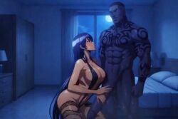 1girl1boy ai_generated ass breasts busujima_saeko cheating cucked cucked_by_bully dark-skinned_male duo female highschool_of_the_dead holding_partner impregnation interracial kissing long_hair male ntr saeko_busujima snake_tattoo sound suspended suspension tagme tattoo tongue_kiss video