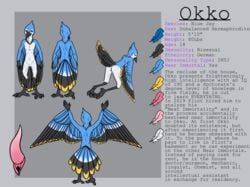 2020 4_toes 5_fingers absurd_res anatomically_correct animal_genitalia animal_penis animal_pussy anthro anus avian beak bent_over bird black_body black_feathers blue_body blue_feathers blue_jay claws cloaca corvid cuntboy cuntboy_sans_balls digitigrade english_text feathers fingers flintblion genitals herm hermaphrodite hi_res intersex jay_(bird) kneeling looking_at_viewer lovernios male maleherm model_sheet multi_genitalia new_world_jay nude okko_(flintverse) penis presenting pussy raised_arm simple_background smile solo standing talons text toes white_body white_feathers yellow_body yellow_feathers