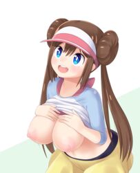 1girls areolae big_breasts blue_eyes blush breasts breasts_out brown_hair clothed clothes croodle double_bun exposed exposed_breasts female hat human long_hair looking_away looking_up nintendo nipples no_bra pantyhose pokemon pokemon_bw2 rosa_(pokemon) shirt shirt_lift shirt_up skirt smile solo source_request twintails wide_hips