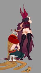 1boy 1girls animal_ears ass ass_focus big_ass big_butt butt_focus clothed couple crouching league_of_legends legwear long_hair long_legs looking_at_ass looking_at_butt multicolored_hair partially_nude rakan red_hair riot_games source_request thick thick_thighs vastaya vikan-pykan xayah