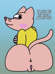 rona_valenti_(swan_boy) swan_boy_(series) cringebird 2026 tagme sphynx_(cat) cat feline felid felis anthro furry anus ass pussy vagina clothed partially_clothed bottomless text dialogue dialog gradient_background blush blushing tail pink_body yellow_shirt presenting_hindquarters butt_focus humanoid_genitalia humanoid_pussy