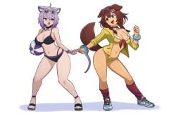 beach_ball bikini bikini_bottom bikini_top blushing_female brown_hair cat_ears cat_tail catgirl cleavage contrast_colors dog_ears dog_girl dog_tail enthusiastic_female happy_female holding_tail hololive hololive_gamers hololive_japan inugami_korone jacket long_legs nekomata_okayu pulling_tail purple_hair smgold smiling_at_partner sneakers sunglasses_on_head swimsuit tail_grab virtual_youtuber