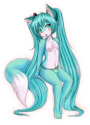 alternate_species animal_genitalia animal_penis anthro blue_body blue_eyes blue_fur blue_hair blush breasts bulge canid canine clothed clothing fox fur furrification futa_only futanari genitals gynomorph hair hatsune_miku hi_res intersex kemono mammal mcsadat nipples panties pattern_clothing pattern_underwear penis simple_background sitting small_breasts solo striped_clothing striped_panties striped_underwear stripes topless twintails underwear vocaloid white_background