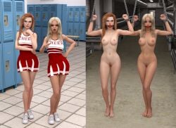 getyourclothesoff original before_and_after nude nude_female cheerleader cheerleader_uniform 3d full_body clothed/nude blonde_hair bondage ball_gag gag gagged female female_only 2girls