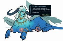 1girls 2d beast blue_eyes blue_fur blue_skin bracelet bracelets breasts dialogue earrings english_text esoteric_ebb female fur horns jewelry kate_starling looking_at_viewer mythological_sphinx mythology necklace nude olzis pawpads paws ring rings solo solo_female sphinx tail wings